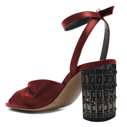 Elegant Maroon Square Toe Ankle Strap Buckle Women's Heel Sandals