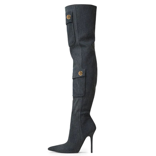 Dark Grey Denim Pocket Pointed Toe Stiletto Heel Zip Thigh Heel Boots