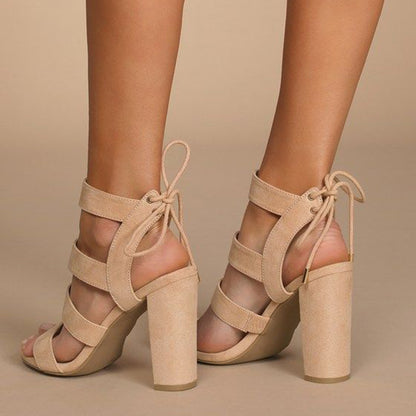 Beige Faux Suede Open Toe 4'' Chunky Heel Strappy Sandals