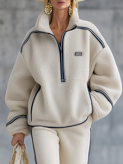 Fashion Retro Blue Trim Beige Polar Fleece Zipper Sweatshirt Pants Set