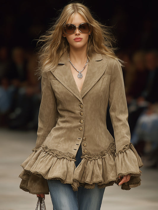 Elegant Vintage Ruffled Hem Khaki Faux Suede Blazer