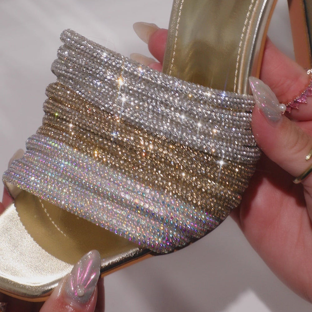 Gold  Square Toe 3'' Stiletto Heel Rhinestone Strappy Mules