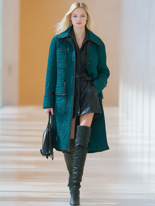 Fashionable Retro Black Trim Green Quilted Coat