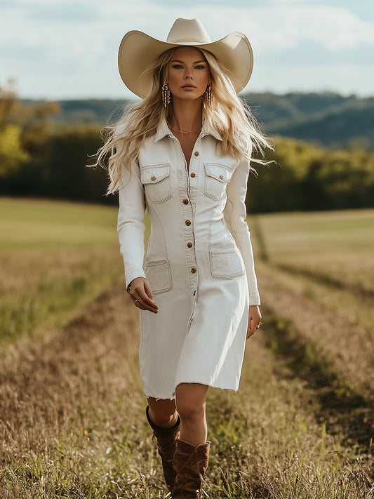 Fashionable Retro Lapel Button White Denim Long Sleeve Midi Dress