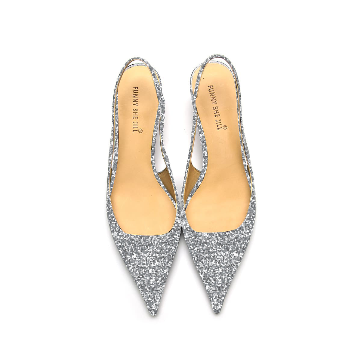 Glitter Pointed Toe Sparkling Silver Slingback Kitten Heel Pump For Women