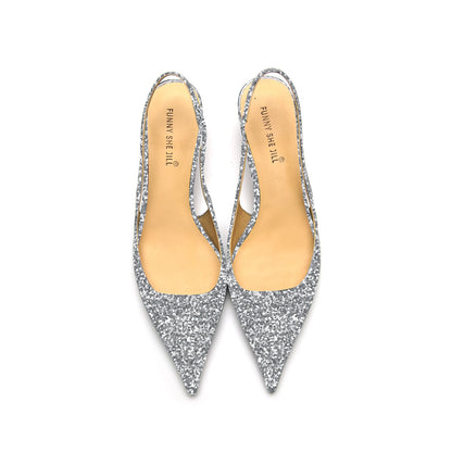 Glitter Pointed Toe Sparkling Silver Slingback Kitten Heel Pump For Women