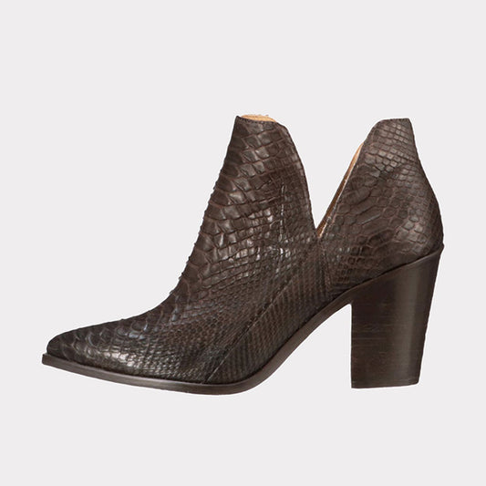 Deep-V Python Pattern Block Heel Chocolate Brown Pointed Toe Boots