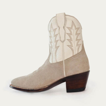 Beige & White Faux Suede Round Toe Chunky Heel Cowgirl Ankle Boots