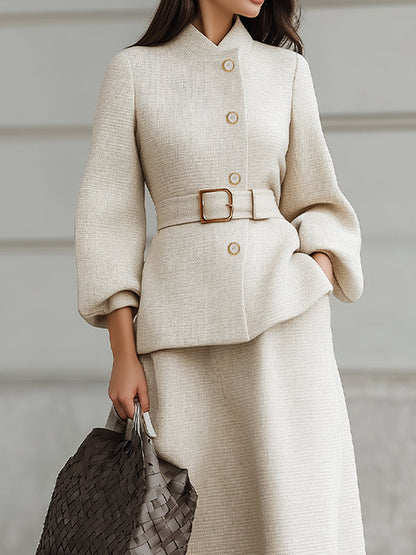 Beige Belted Midi Set With Structured Sleeves