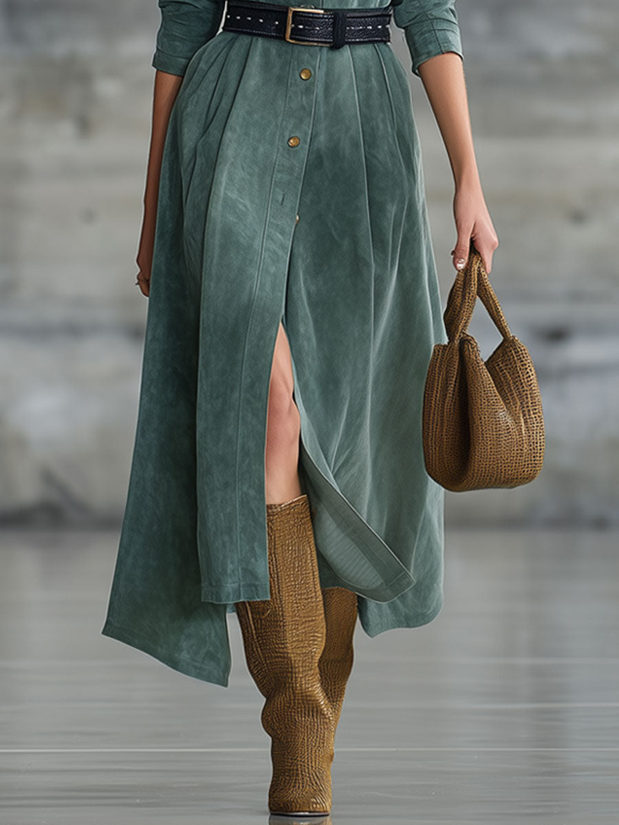 Fashion Retro Teal Faux Suede Long Sleeve Lace-Up Midi Dress