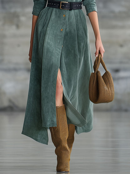 Fashion Retro Teal Faux Suede Long Sleeve Lace-Up Midi Dress