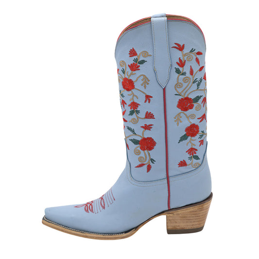 Embroidered Floral Snip Toe Mid-Calf Light Blue Cowgirl Boots