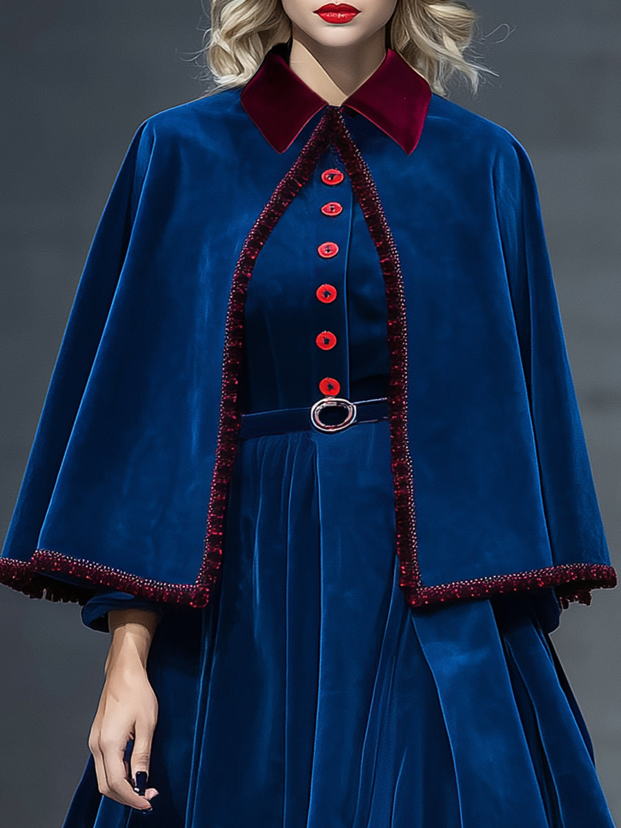 Elegant And Exquisite Color-block Collar Cape Long-sleeved Dress Blue Velvet Set