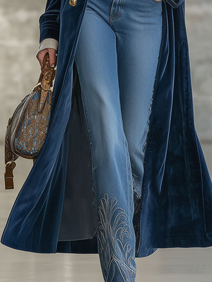 Fashion Retro Navy Blue Velvet Fur Collar Long Coat
