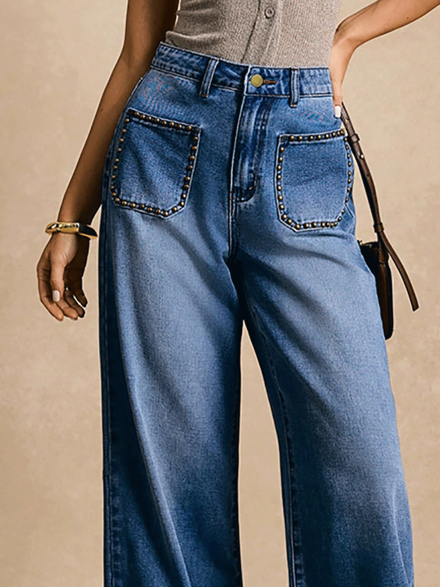 Fashion Rivet Pocket Wide Leg Washed Slim Straight Jeans