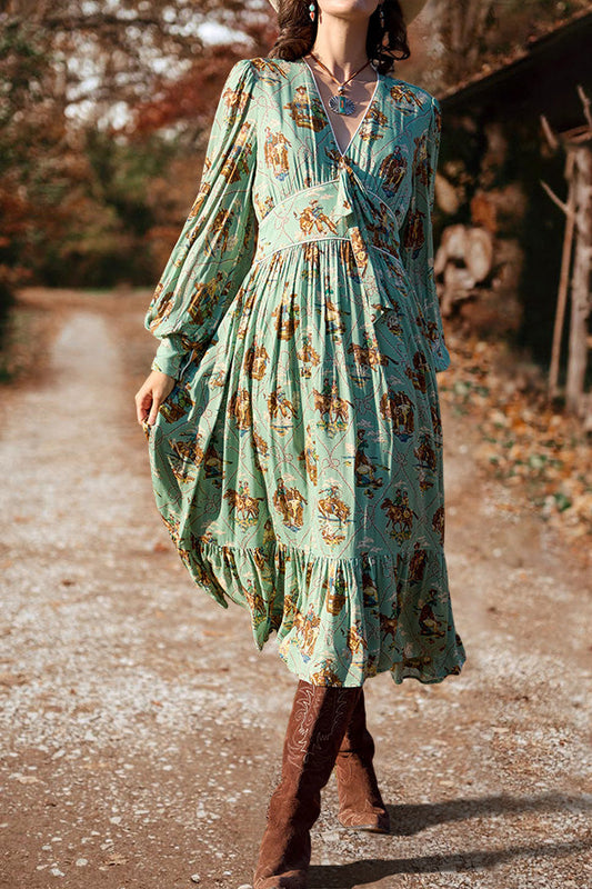 Western Cowgirl V-Neck Puff Sleeve Maxi Dress