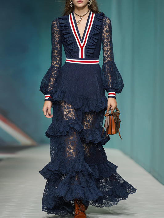 Fashionable And Elegant Red And White Stripes Navy Blue Lace Long-sleeved Maxi Dress
