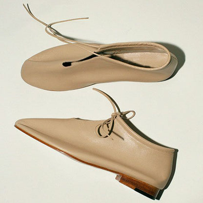 Beige  Round Toe  Lace Up Flat Oxford Shoes