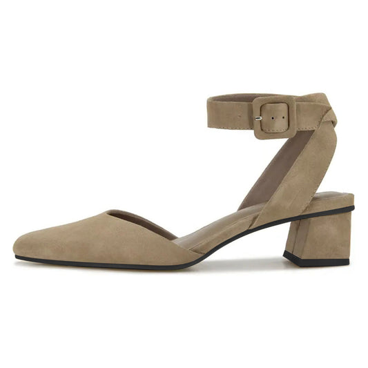 Beige Pointed Toe Block Heel Pumps Shoes with Buckle Ankle Strap