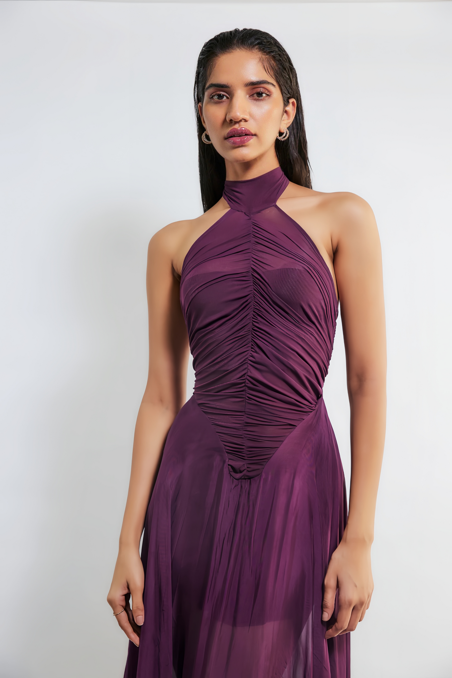 Kerstin Purple Train Design Ruched Maxi Dress