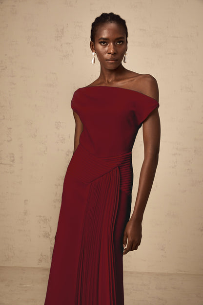 Laurine asymmetrical draped midi dress in Burgundy