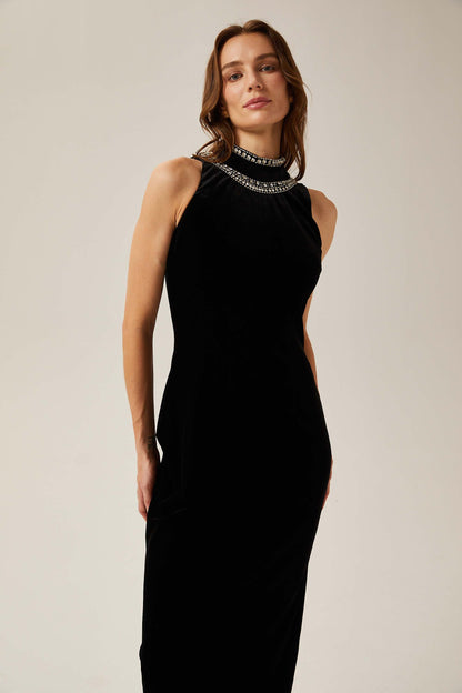 Colette black crystal-embellished velvet gown
