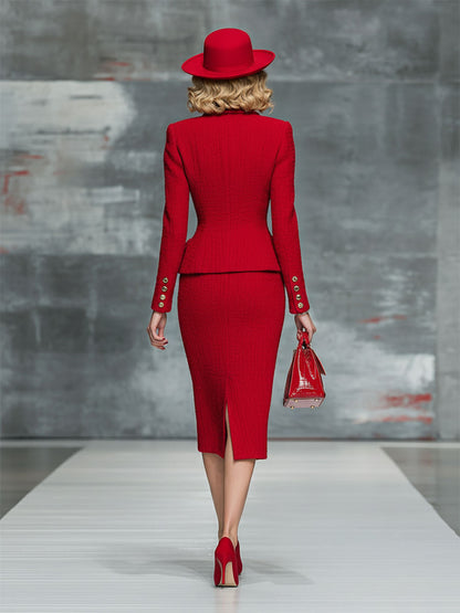 Elegant And Fashionable Heart Button Red Textured Top And Skirt Set