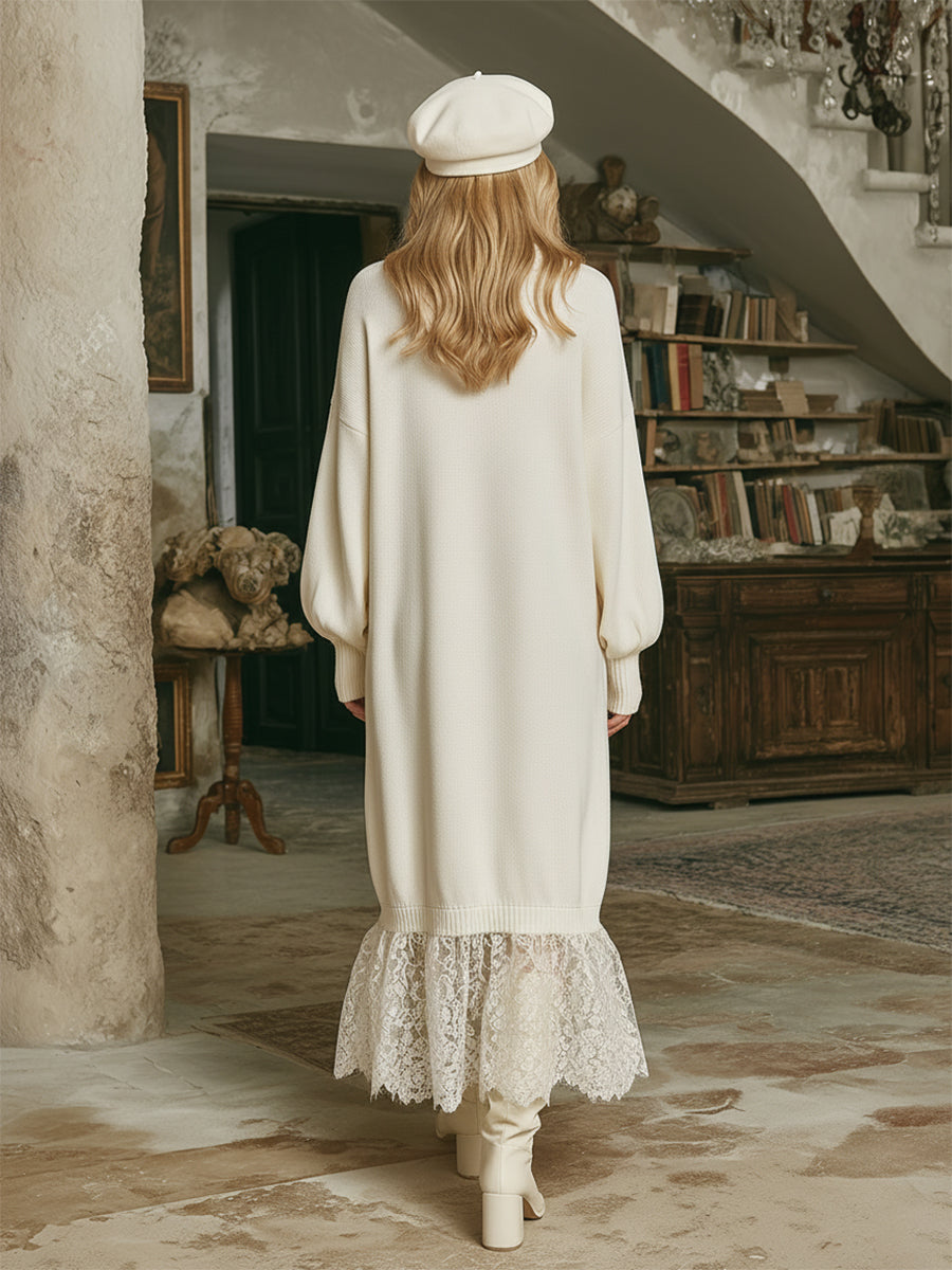 Elegant And Romantic Lotus Leaf Collar Lace Stitching White Knitted Maxi Dress
