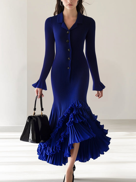 Elegant Royal Blue Knitted Dress With Ruffle Hem Design