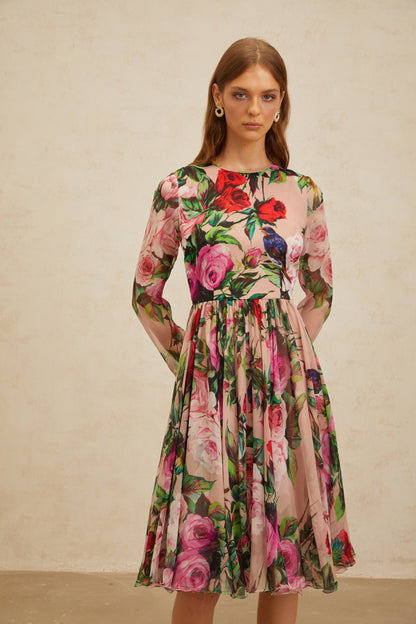Coralie Pink Rose Print Summer Silk Midi Dress