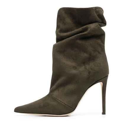 Army Green Vegan Suede Pointed Toe V-Cut Slouch Short Boots for Women