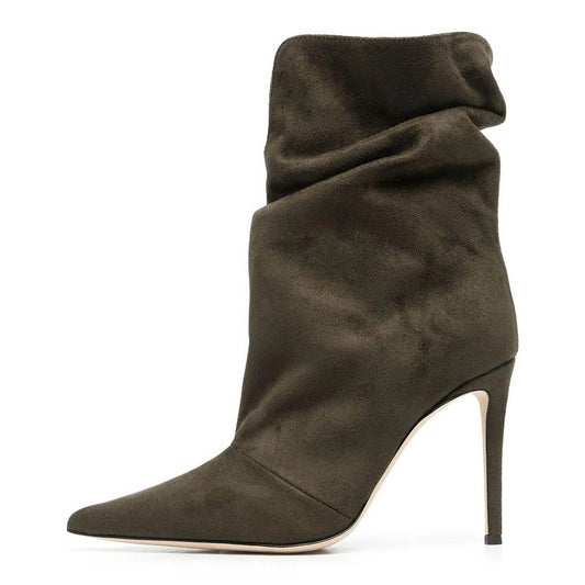 Army Green Vegan Suede Pointed Toe V-Cut Slouch Short Boots for Women