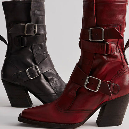 Dark Grey Snip Toe Zipper Chunky Heeled Ankle Boots with Buckle Strap