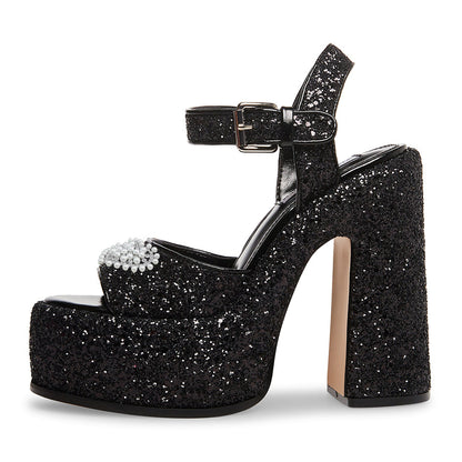 Glitter Chunky Heel Pearl & Rhinestone Heart Black Platform Sandals