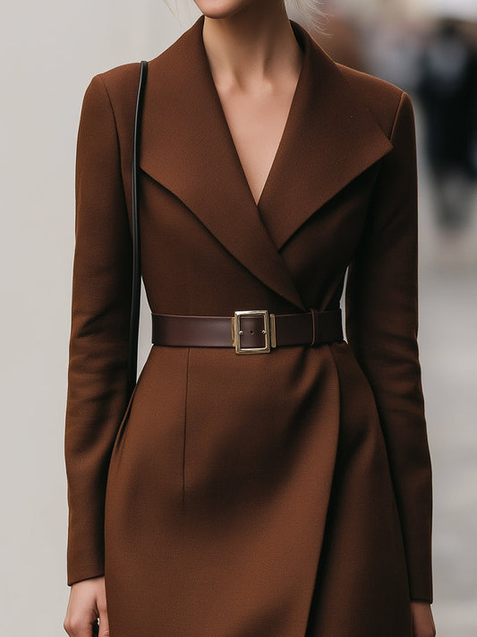 Deep Brown Belted Blazer Dress With Wide Lapel