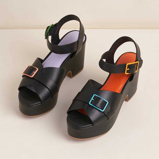 Ankle Strap Buckle Open Toe Block Heel Black Platform Sandals