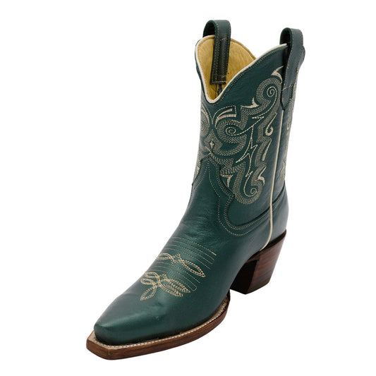 Faux Leather Embroidered Green Snip Toe Cowboy Boots for Women
