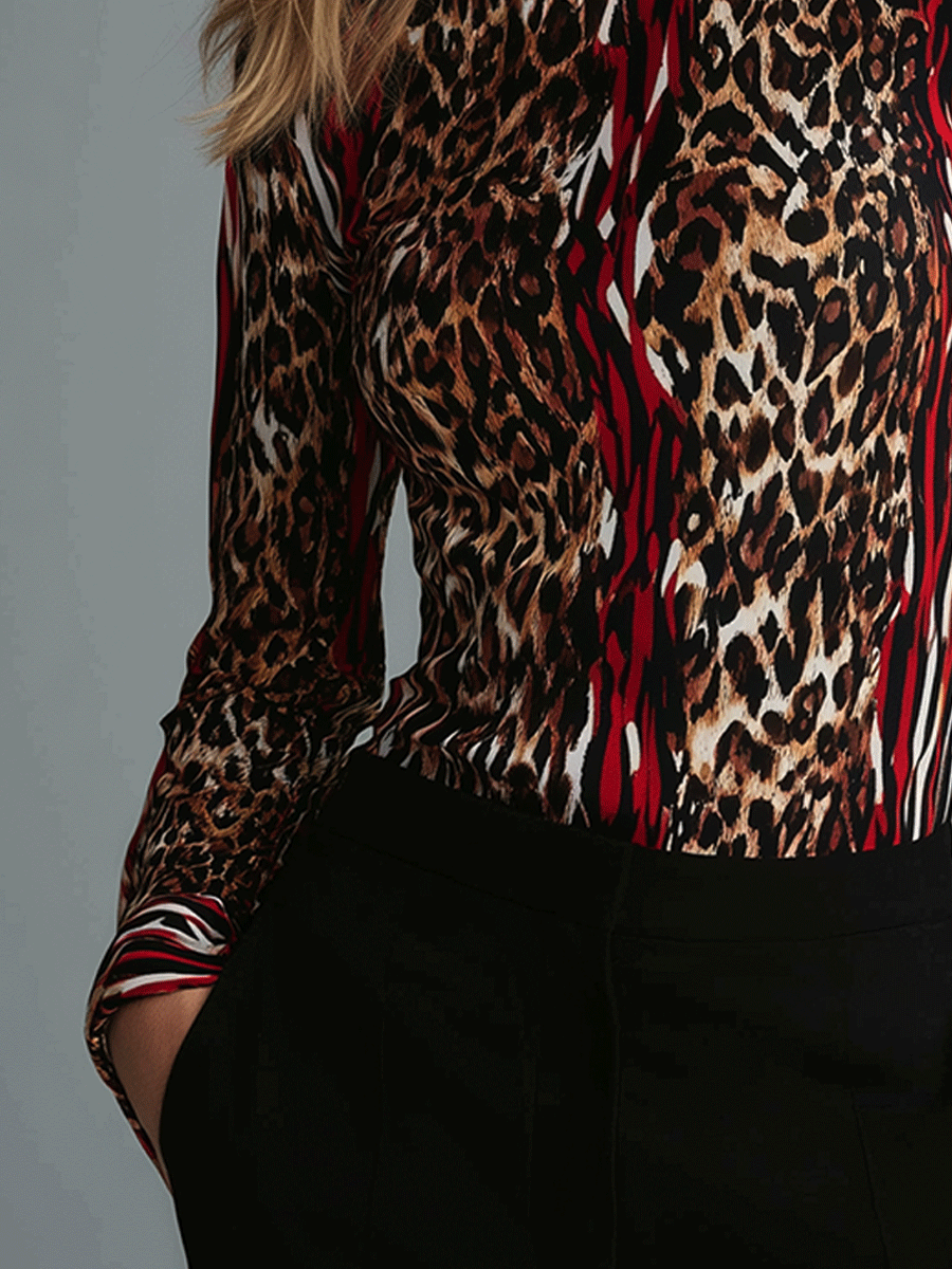 Fashionable Leopard Print Turtleneck With Red Striped Top