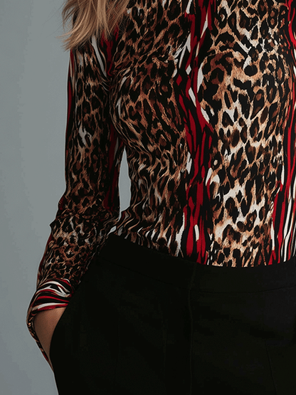 Fashionable Leopard Print Turtleneck With Red Striped Top