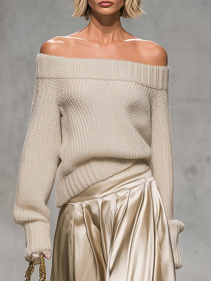 Elegant Beige Off-the-shoulder Knitted Long-sleeved Top And Pleated Satin Wide-leg Pants Set