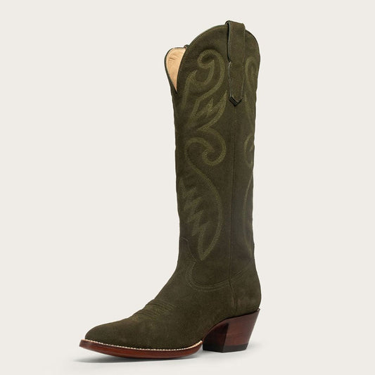 Fashion Olive Snip Toe Chunky Heel Pull-On Embroidered Cowgirl Boots