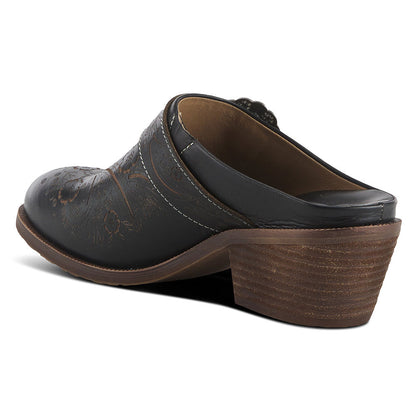 Floral Print Round Toe Block Heel Black Womens Western Mules