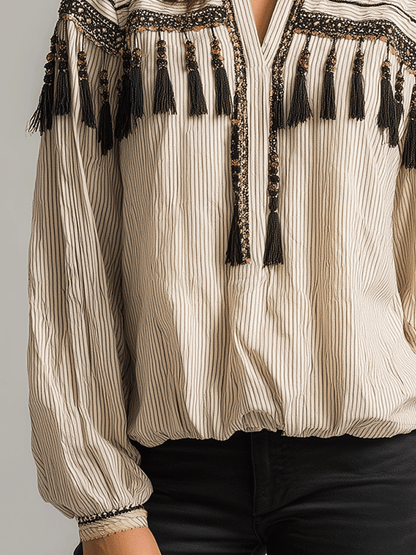 Embroidered Tassel Boho Blouse