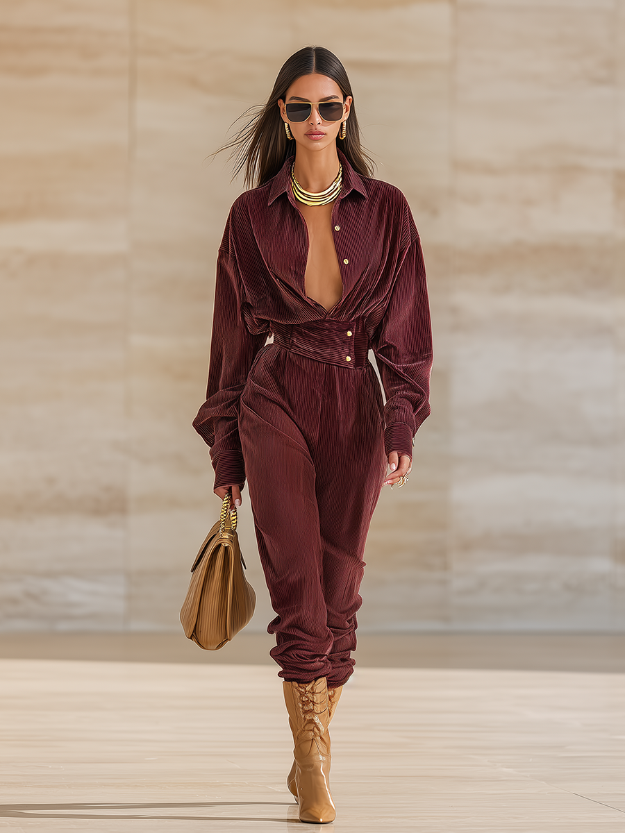 Elegant Stylish Long Sleeve Corduroy Jumpsuit
