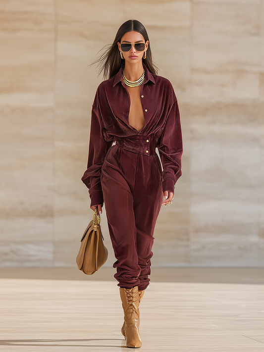 Elegant Stylish Long Sleeve Corduroy Jumpsuit