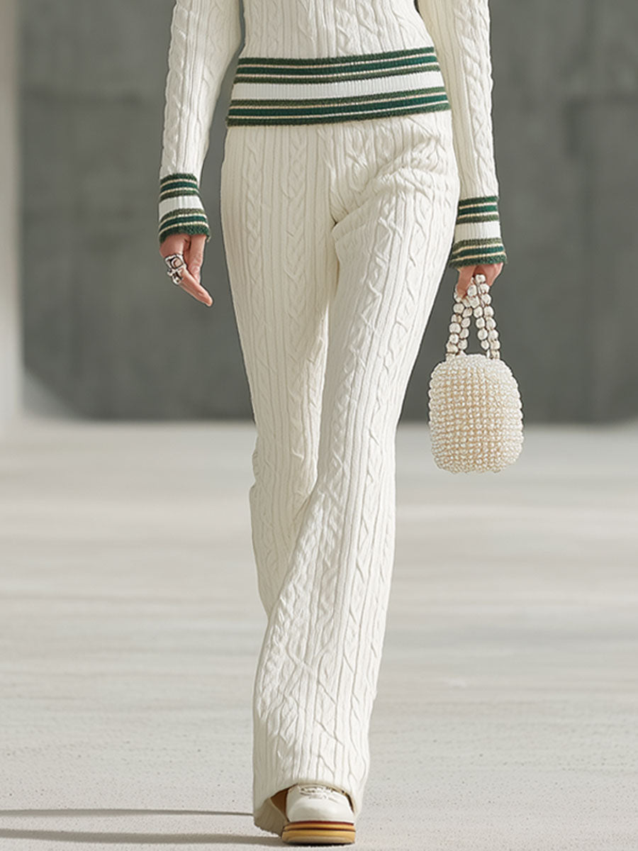 Fashion Retro Trim White Knitted Cable Zipper Polo Shirt Flared Pants Set