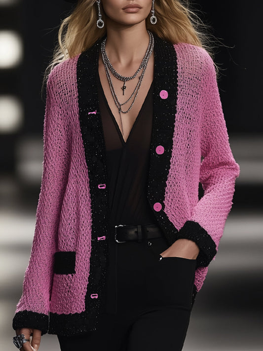 Elegant And Charming Rose Pink Hemmed Button Knitted Cardigan
