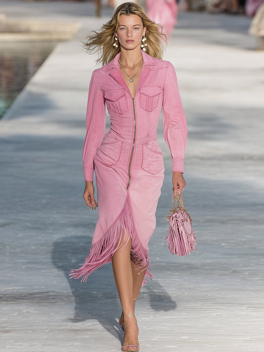 Elegant And Fashionable Light Pink Denim Zipper Tassel Midi Dress