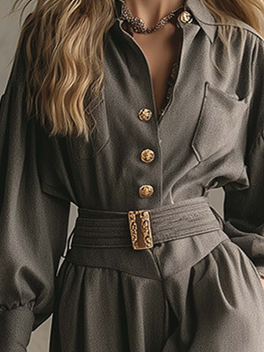 Elegant And Sophisticated Grey Lapel Buttoned Wool Maxi Dress