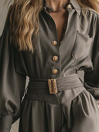 Elegant And Sophisticated Grey Lapel Buttoned Wool Maxi Dress